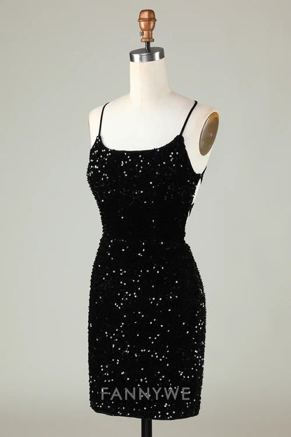 FannyWe Elegant Black Spaghetti Straps Sequin Bodycon Homecoming Dress With Criss Cross Back formal wear dresses