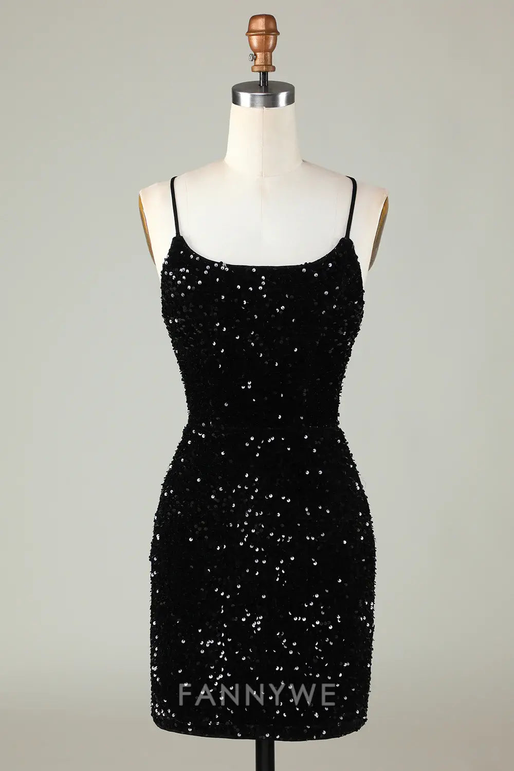 FannyWe Elegant Black Spaghetti Straps Sequin Bodycon Homecoming Dress With Criss Cross Back formal wear dresses