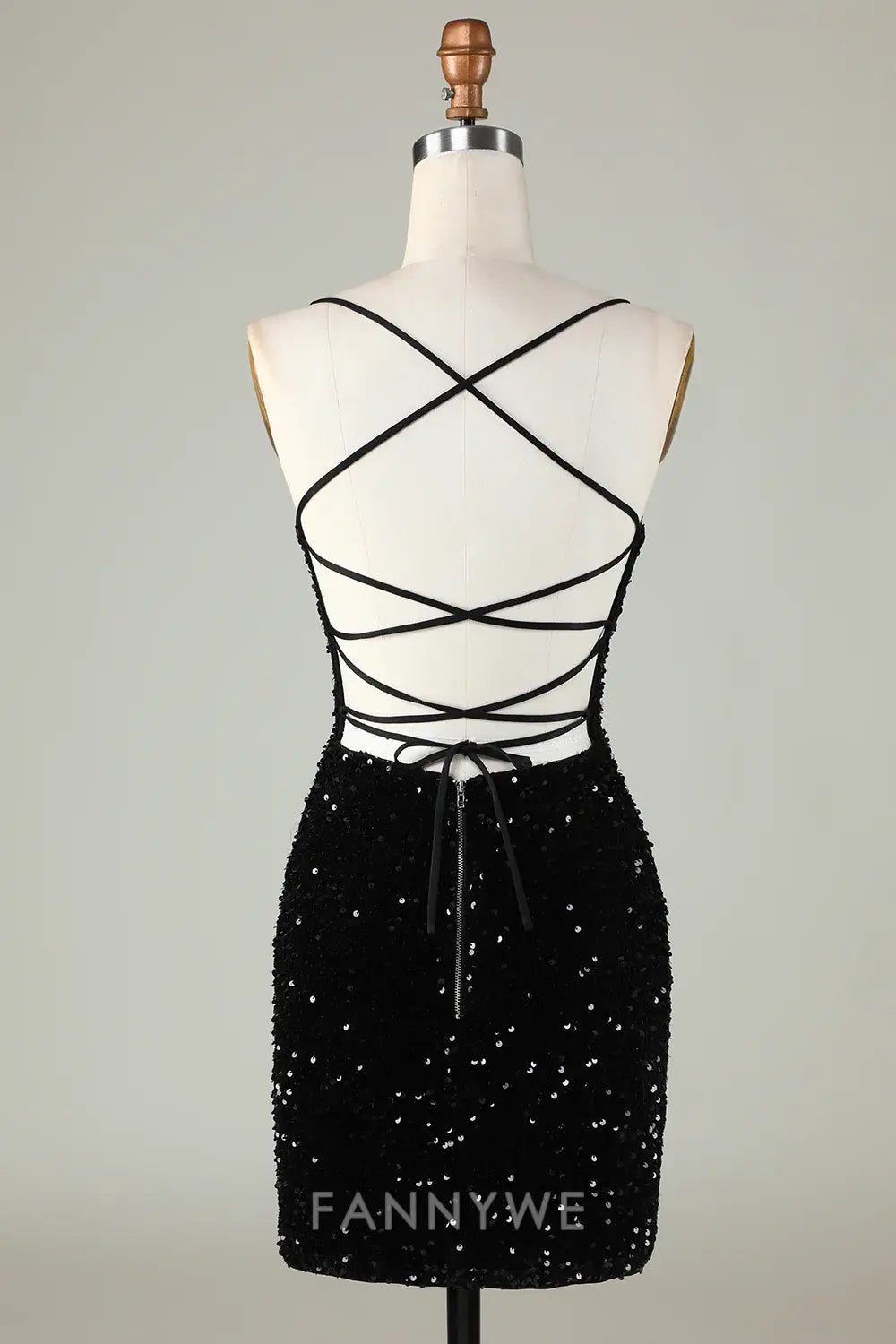 FannyWe Elegant Black Spaghetti Straps Sequin Bodycon Homecoming Dress With Criss Cross Back formal wear dresses