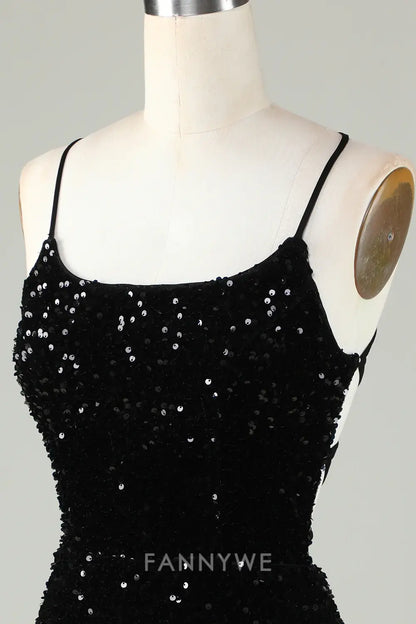 FannyWe Elegant Black Spaghetti Straps Sequin Bodycon Homecoming Dress With Criss Cross Back formal wear dresses