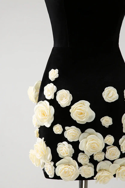 FannyWe Elegant Black Strapless Tight Short Homecoming Dress with 3D Flowers hot sale