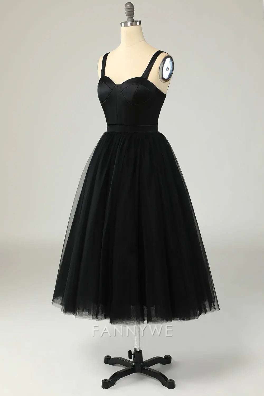 FannyWe Elegant Black Tulle Midi Dress with Sweetheart Neckline formal wear dresses