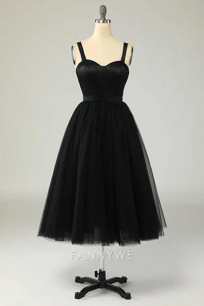 FannyWe Elegant Black Tulle Midi Dress with Sweetheart Neckline formal wear dresses