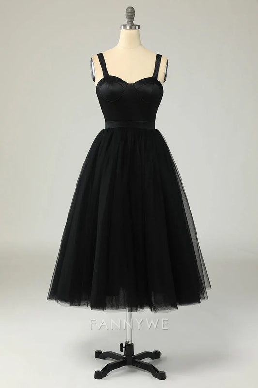 FannyWe Elegant Black Tulle Midi Dress with Sweetheart Neckline formal wear dresses