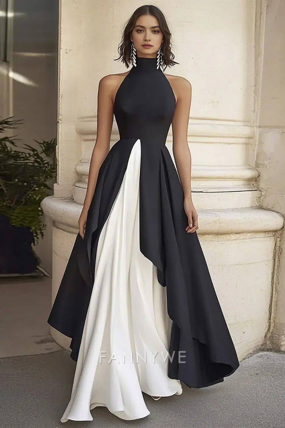 FannyWe Elegant Black White A Line Satin Long High Neck Formal Dress formal wear dresses
