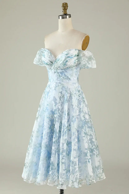 FannyWe Elegant Blue Floral Off The Shoulder Printed Short Cocktail Dress Homecoming Dresses hot sale
