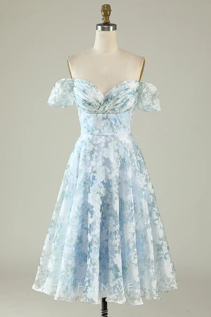 FannyWe Elegant Blue Floral Off The Shoulder Printed Short Cocktail Dress Homecoming Dresses hot sale