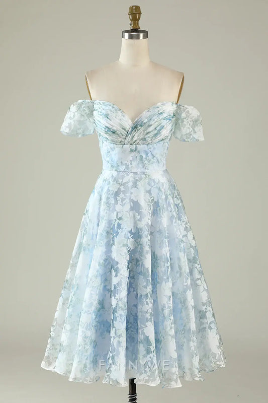 FannyWe Elegant Blue Floral Off The Shoulder Printed Short Cocktail Dress Homecoming Dresses hot sale