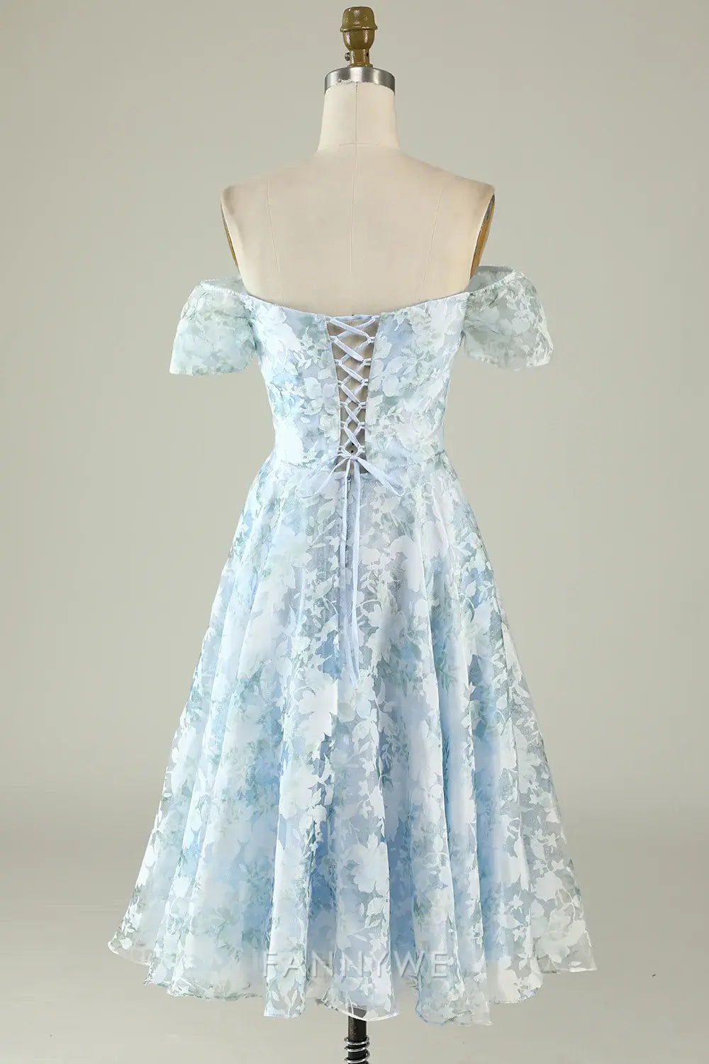 FannyWe Elegant Blue Floral Off The Shoulder Printed Short Cocktail Dress Homecoming Dresses hot sale