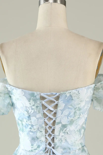 FannyWe Elegant Blue Floral Off The Shoulder Printed Short Cocktail Dress Homecoming Dresses hot sale