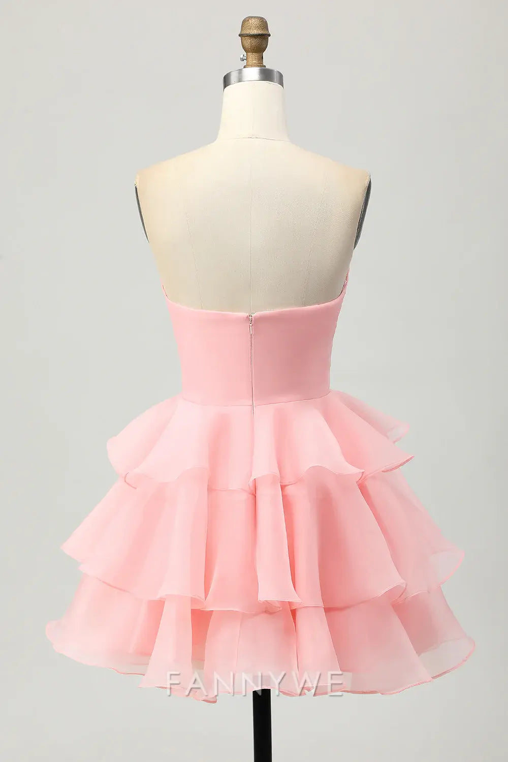 FannyWe Elegant Blush Floral Strapless Ruched Short Homecoming Dress with Ruffles formal wear dresses