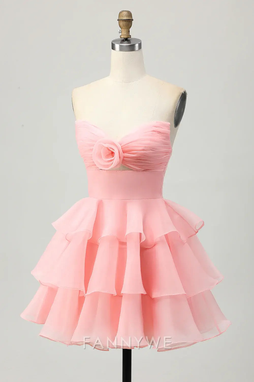 FannyWe Elegant Blush Floral Strapless Ruched Short Homecoming Dress with Ruffles formal wear dresses