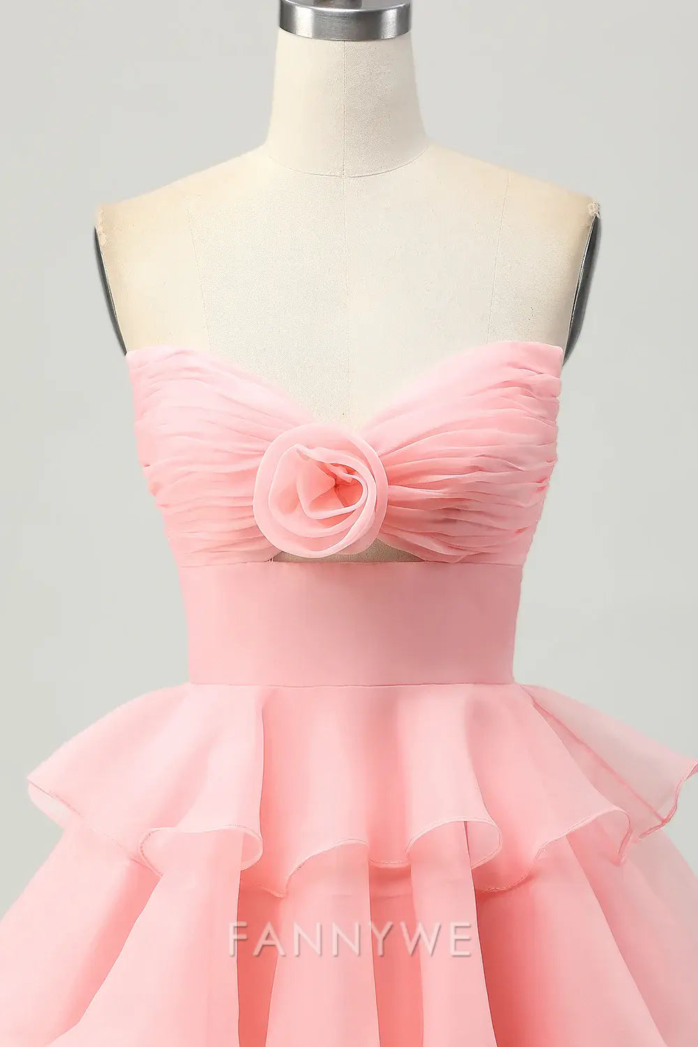 FannyWe Elegant Blush Floral Strapless Ruched Short Homecoming Dress with Ruffles formal wear dresses
