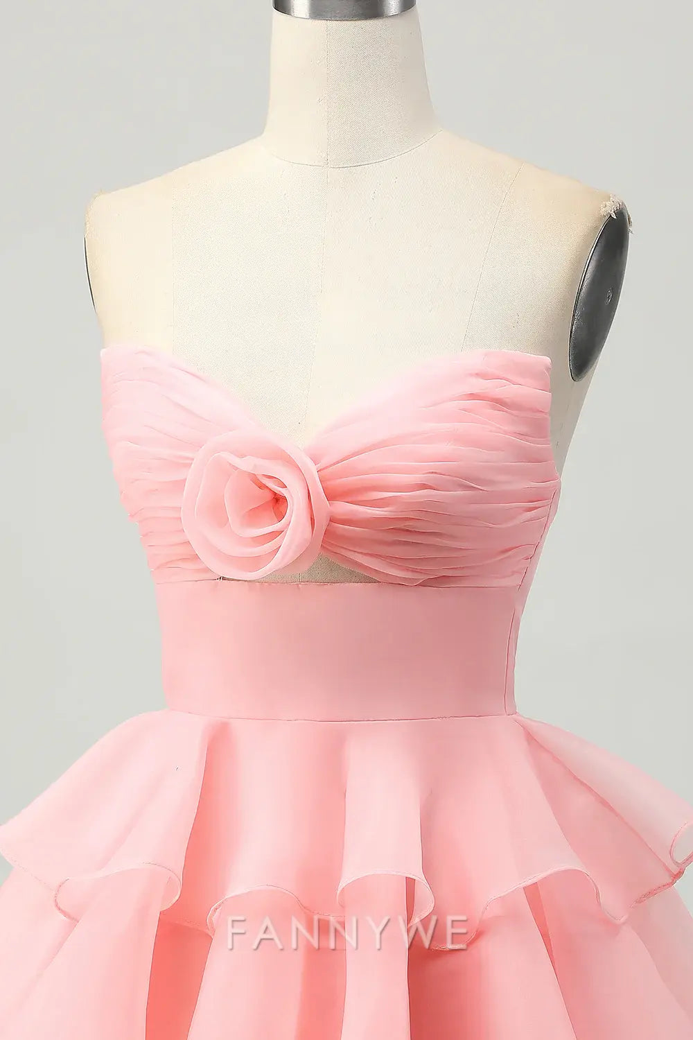 FannyWe Elegant Blush Floral Strapless Ruched Short Homecoming Dress with Ruffles formal wear dresses