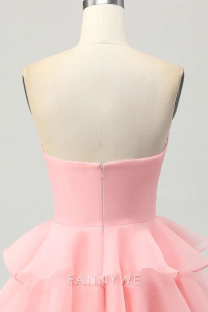 FannyWe Elegant Blush Floral Strapless Ruched Short Homecoming Dress with Ruffles formal wear dresses