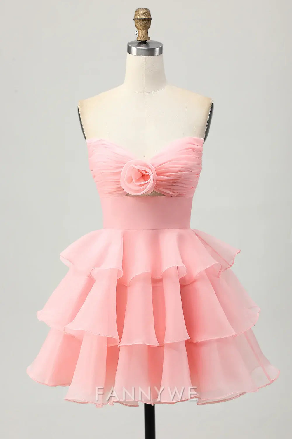 FannyWe Elegant Blush Floral Strapless Ruched Short Homecoming Dress with Ruffles formal wear dresses