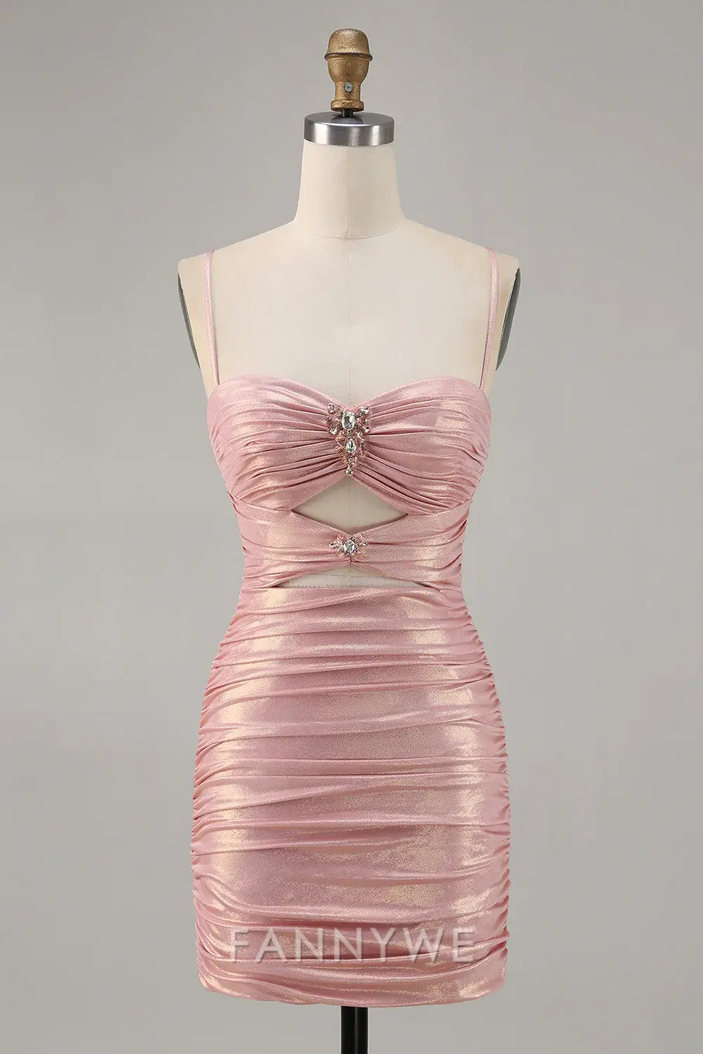 FannyWe Elegant Blush Metallic Spaghetti Straps Cut Out Tight Short Homecoming Dress