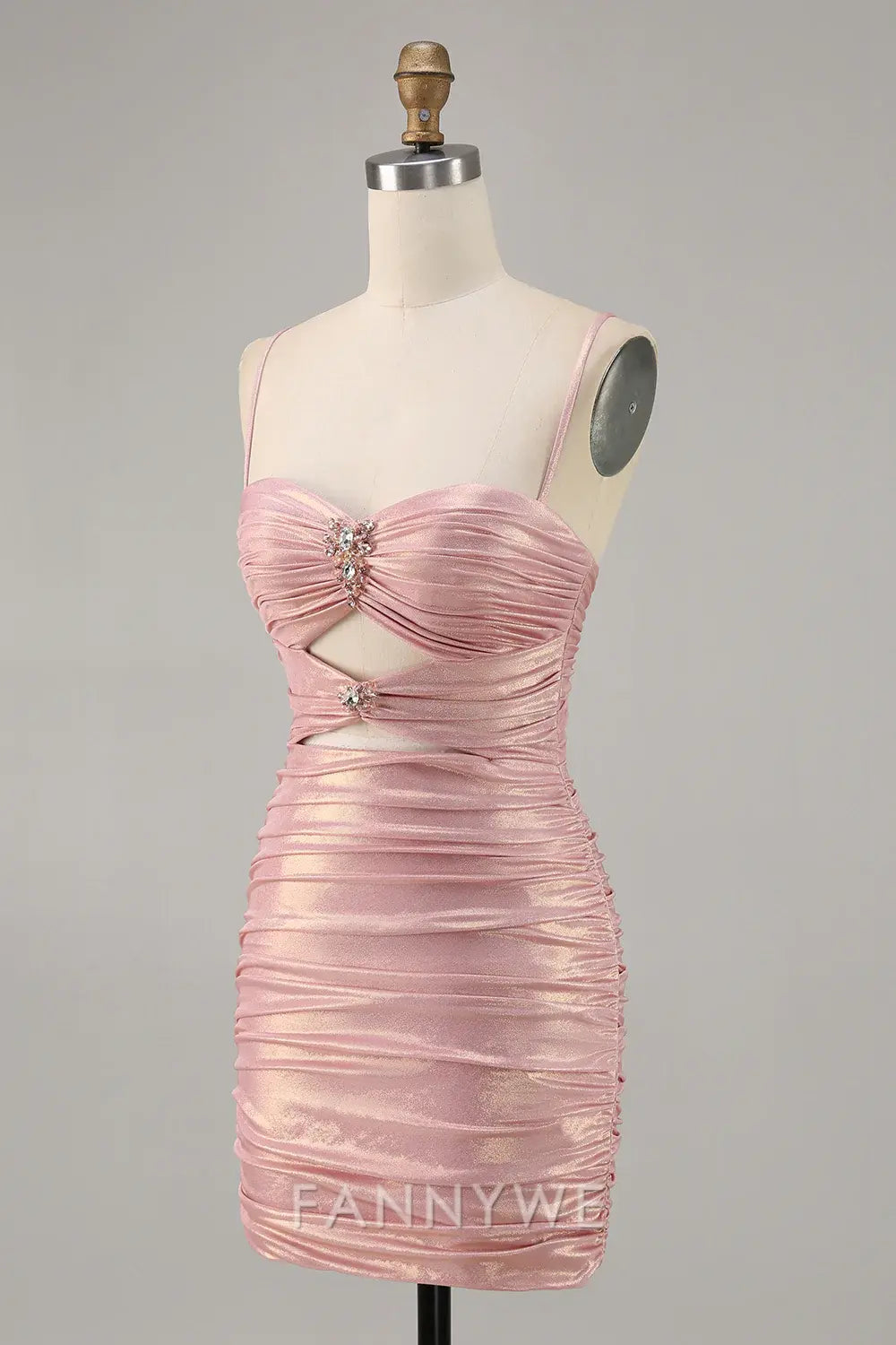 FannyWe Elegant Blush Metallic Spaghetti Straps Cut Out Tight Short Homecoming Dress