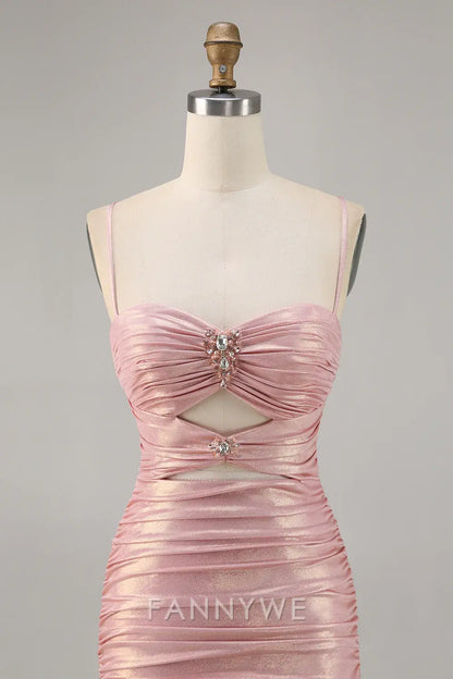 FannyWe Elegant Blush Metallic Spaghetti Straps Cut Out Tight Short Homecoming Dress