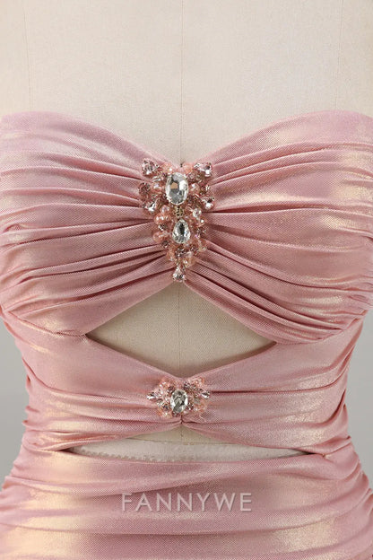 FannyWe Elegant Blush Metallic Spaghetti Straps Cut Out Tight Short Homecoming Dress