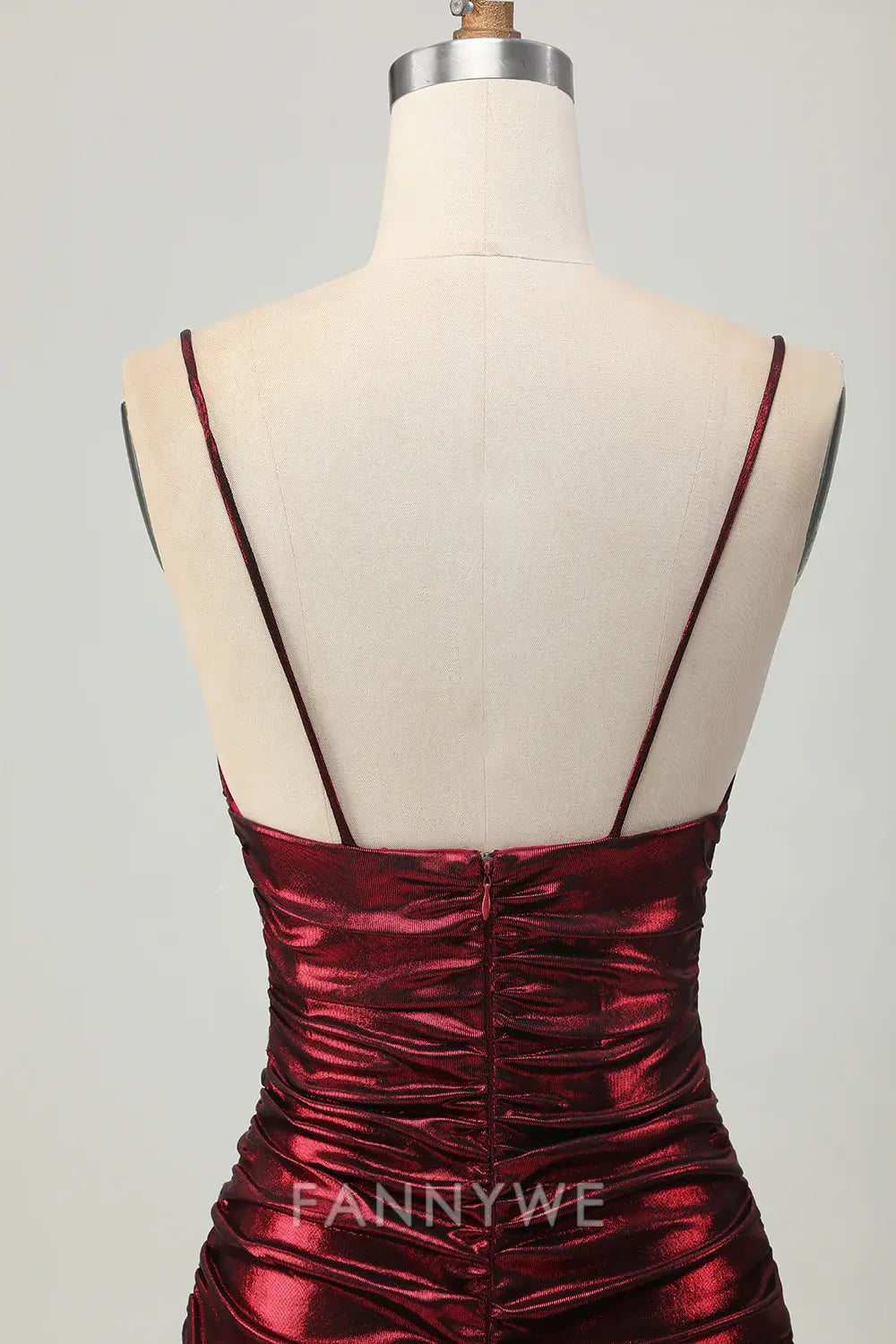 FannyWe Elegant Burgundy Tight Ruched Spaghetti Straps Short Metallic Homecoming Dress formal wear dresses