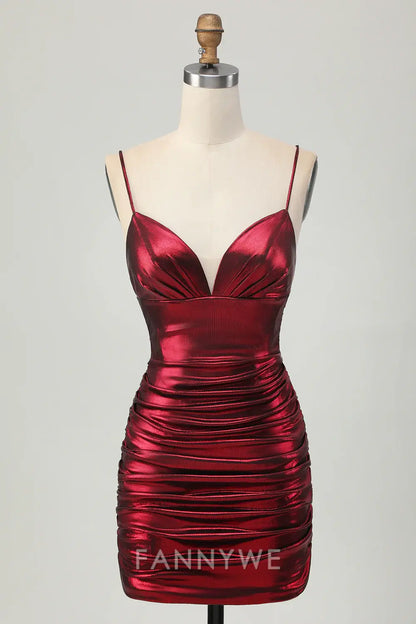 FannyWe Elegant Burgundy Tight Ruched Spaghetti Straps Short Metallic Homecoming Dress formal wear dresses