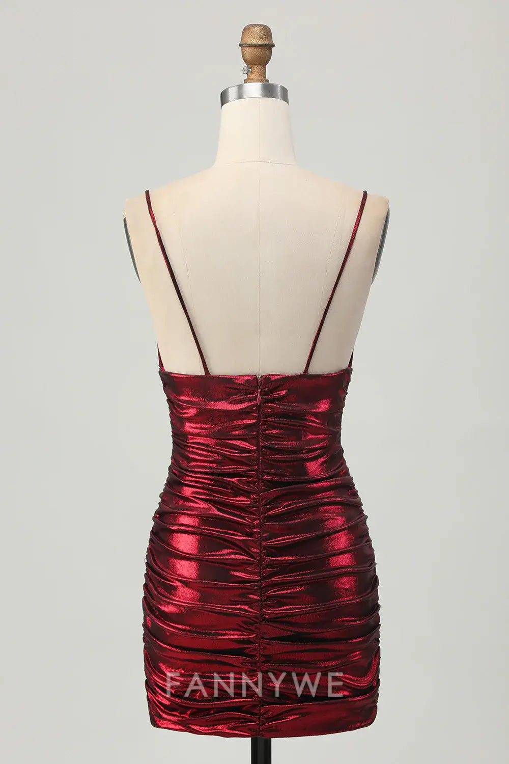 FannyWe Elegant Burgundy Tight Ruched Spaghetti Straps Short Metallic Homecoming Dress formal wear dresses