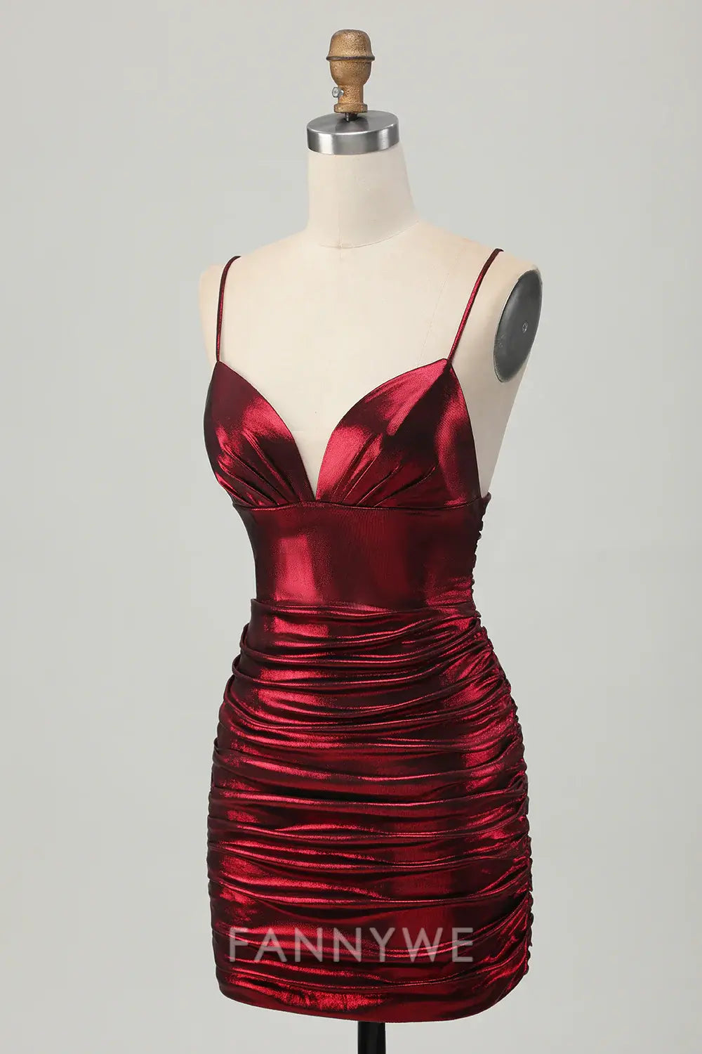 FannyWe Elegant Burgundy Tight Ruched Spaghetti Straps Short Metallic Homecoming Dress formal wear dresses