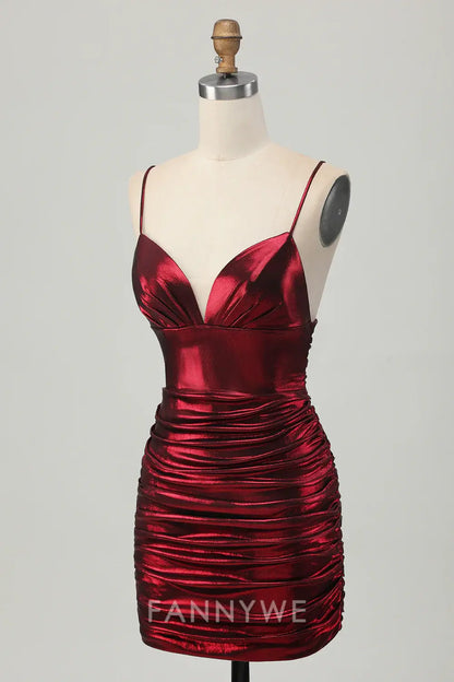 FannyWe Elegant Burgundy Tight Ruched Spaghetti Straps Short Metallic Homecoming Dress formal wear dresses