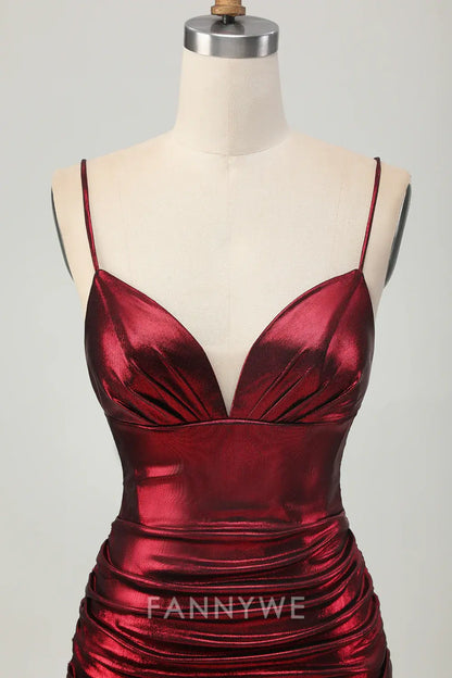 FannyWe Elegant Burgundy Tight Ruched Spaghetti Straps Short Metallic Homecoming Dress formal wear dresses