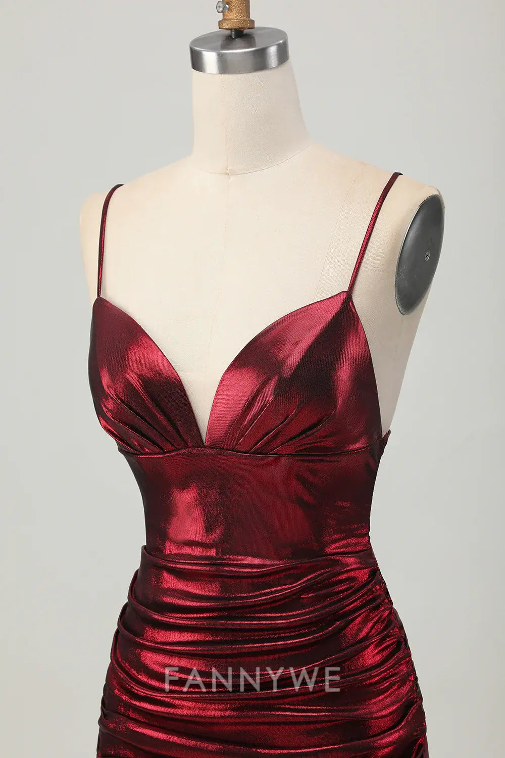FannyWe Elegant Burgundy Tight Ruched Spaghetti Straps Short Metallic Homecoming Dress formal wear dresses