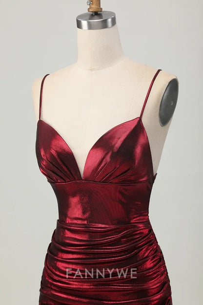 FannyWe Elegant Burgundy Tight Ruched Spaghetti Straps Short Metallic Homecoming Dress formal wear dresses