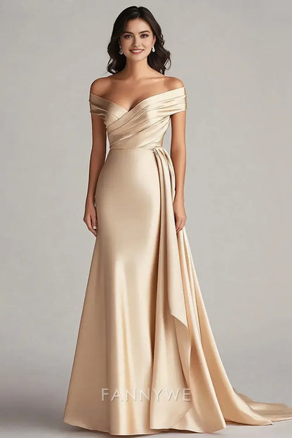 FannyWe Elegant Champagne Satin Off the Shoulder Mermaid Long Formal Dress formal wear dresses