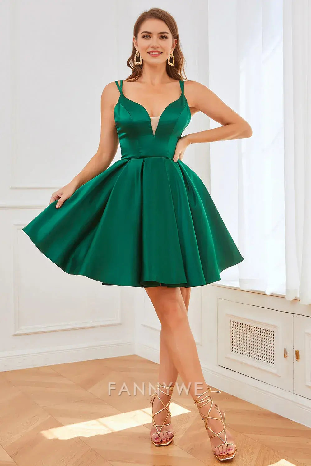 FannyWe Elegant Chic Spaghetti Strap Party Dress: Satin V - Neck & Flared Silhouette formal wear dresses