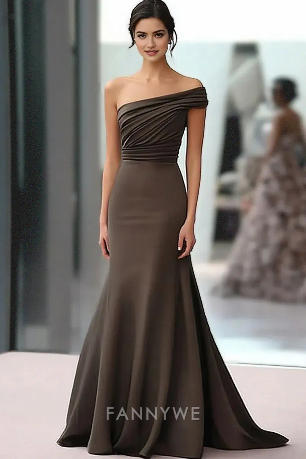 FannyWe Elegant Coffee One Shoulder Crepe Mermaid Long Ruched Gala Dress formal wear dresses