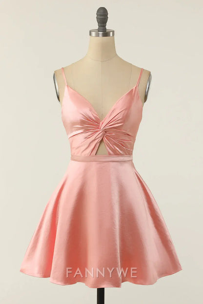 FannyWe Elegant Cute A Line Spaghetti Straps Blush Short Homecoming Dress formal wear dresses