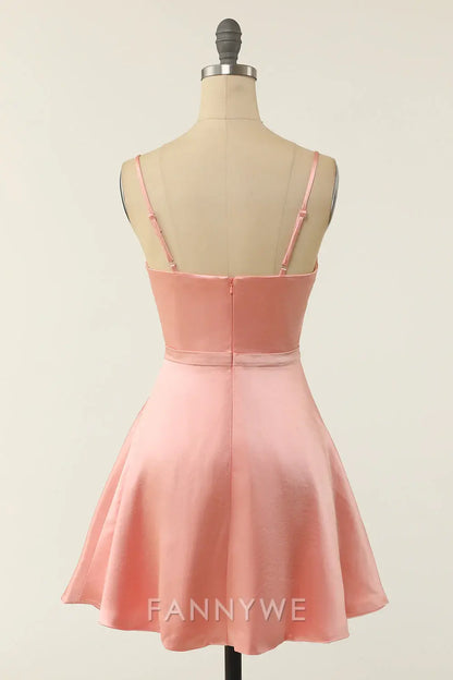 FannyWe Elegant Cute A Line Spaghetti Straps Blush Short Homecoming Dress formal wear dresses