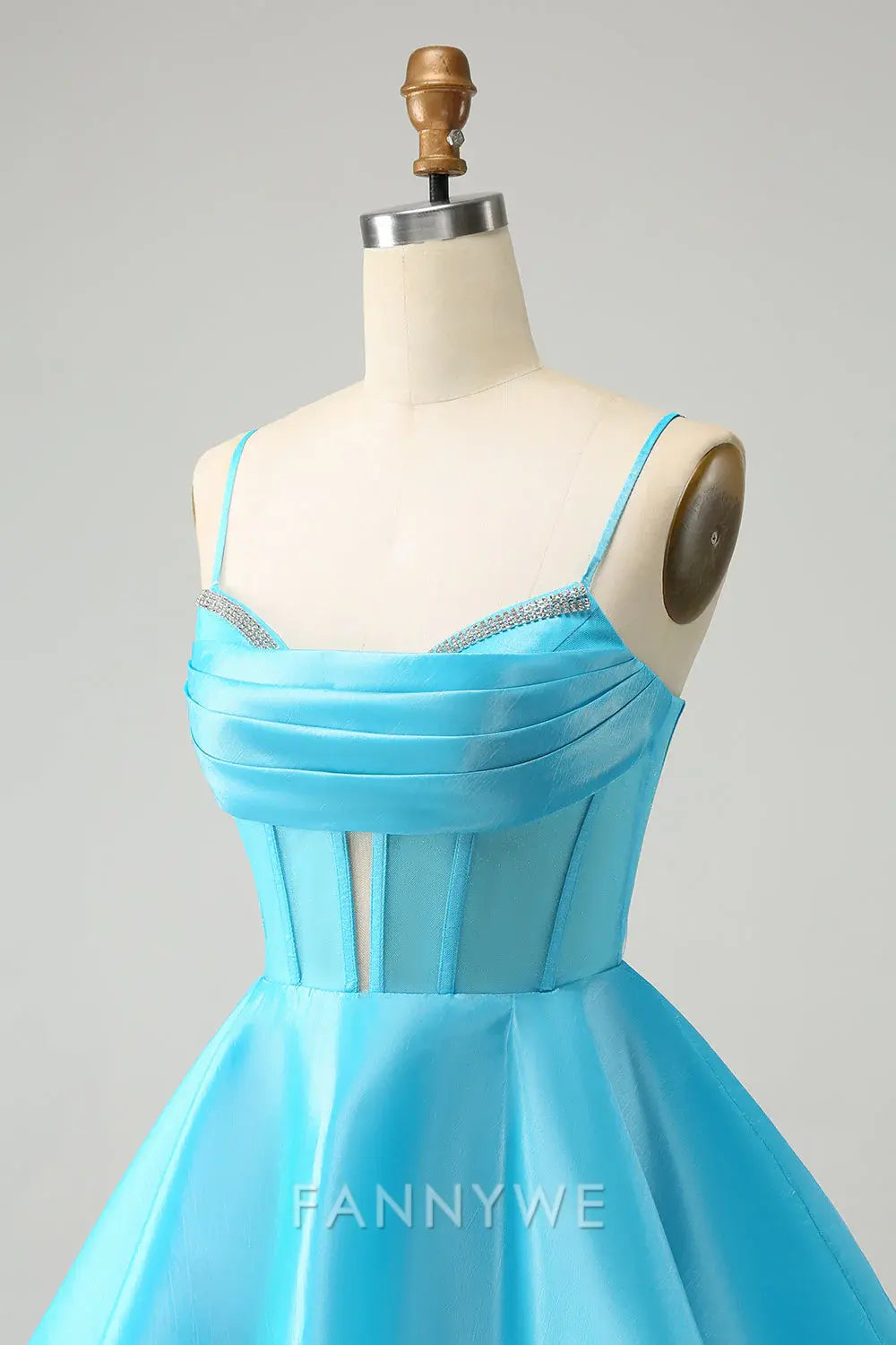 FannyWe Elegant Cute Glitter Blue A Line Spaghetti Straps Corset Homecoming Dress with Beading formal wear dresses