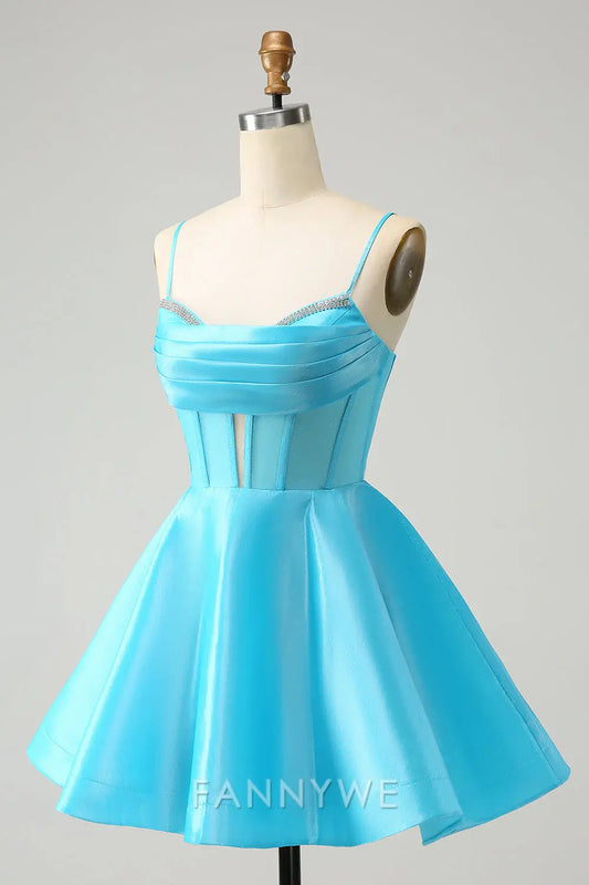 FannyWe Elegant Cute Glitter Blue A Line Spaghetti Straps Corset Homecoming Dress with Beading formal wear dresses