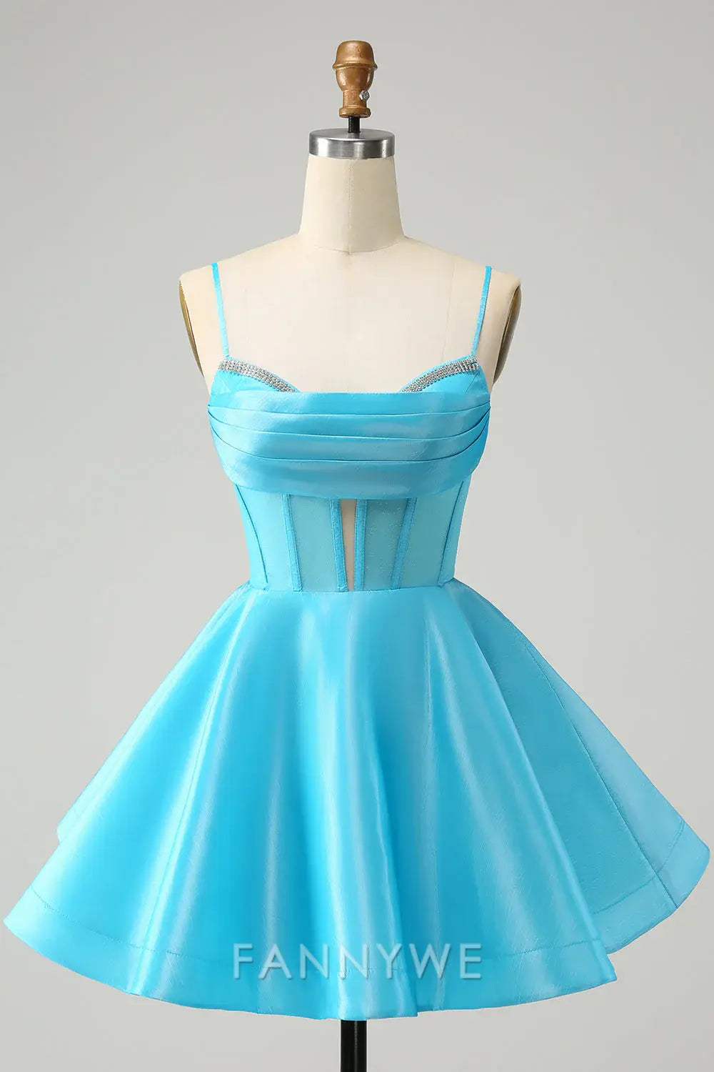 FannyWe Elegant Cute Glitter Blue A Line Spaghetti Straps Corset Homecoming Dress with Beading formal wear dresses