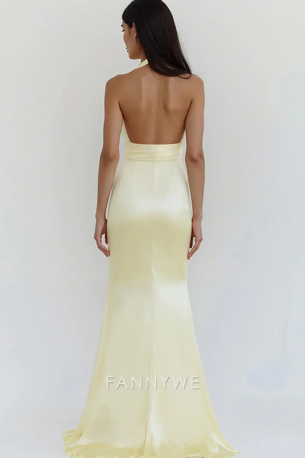 FannyWe Elegant Daffodil Satin Sheath Halter V-Neck Long Prom Dress formal wear dresses