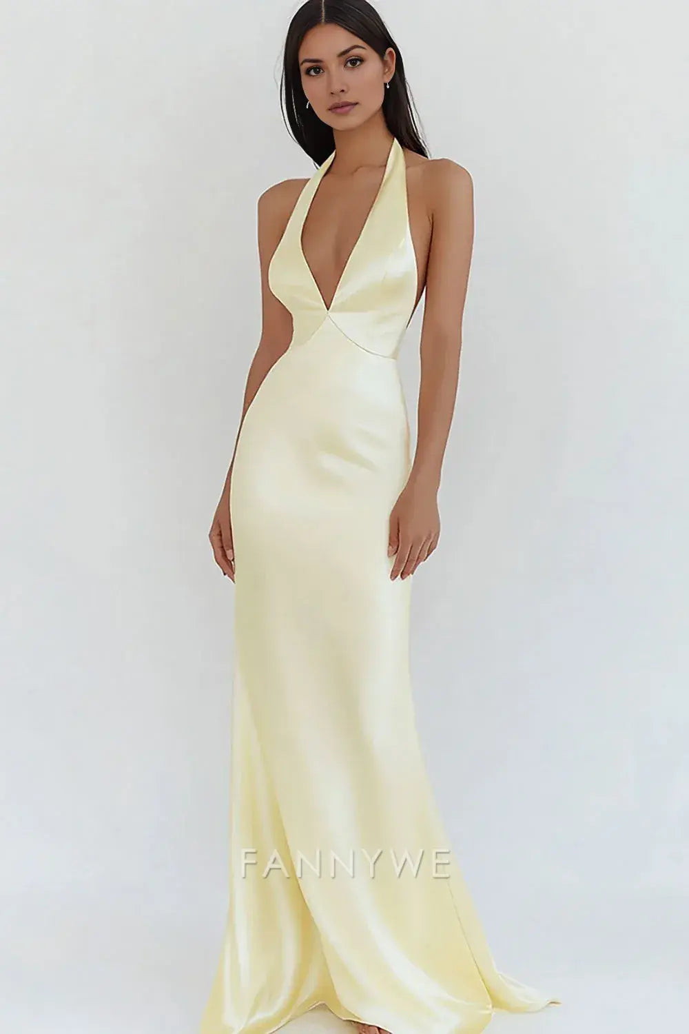 FannyWe Elegant Daffodil Satin Sheath Halter V-Neck Long Prom Dress formal wear dresses