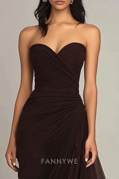 FannyWe Elegant Dark Brown Sweetheart Ruched Ruffled Formal Dress formal wear dresses
