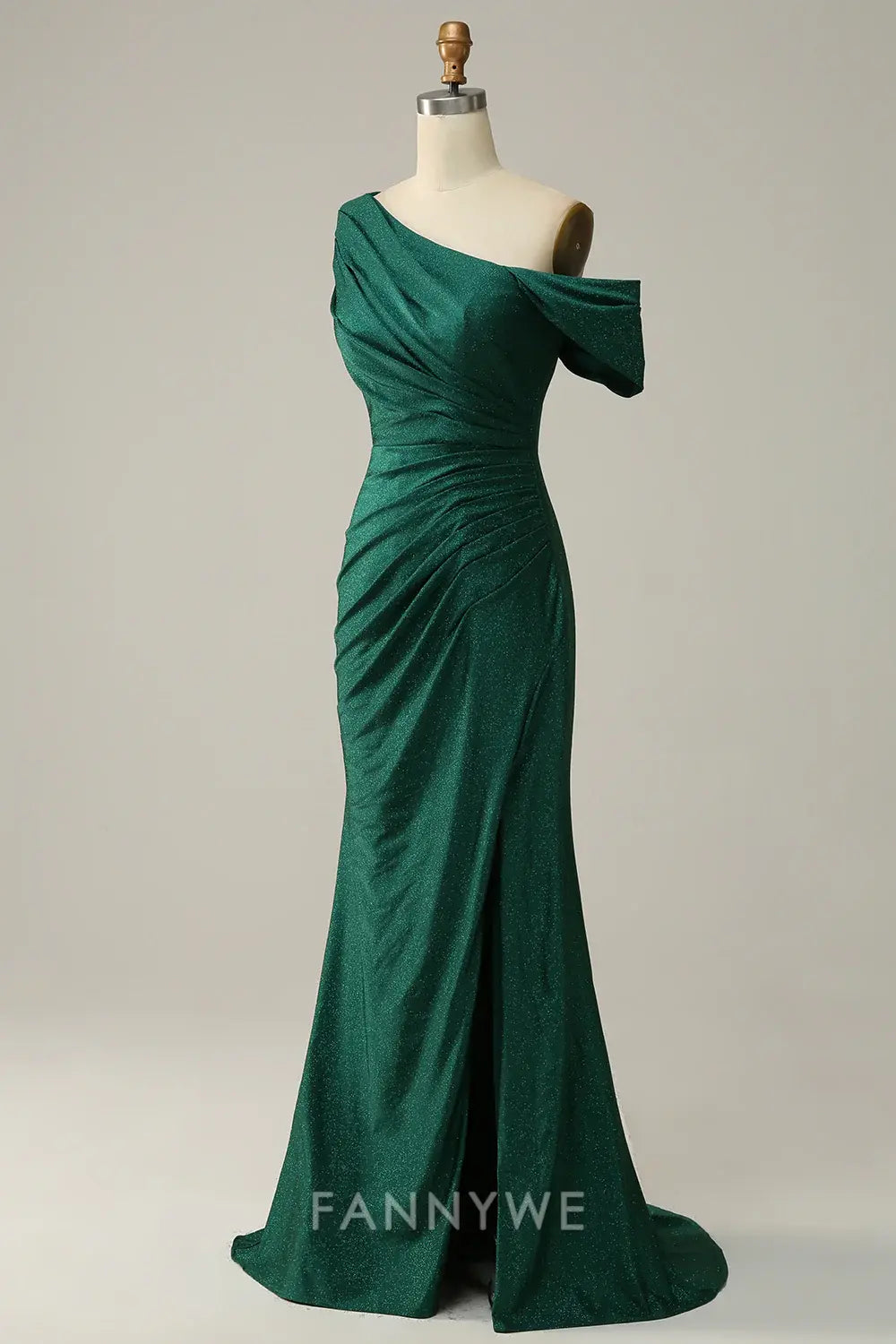 FannyWe Elegant Dark Green One Shoulder Mermaid Satin Prom Dress with Slit formal wear dresses