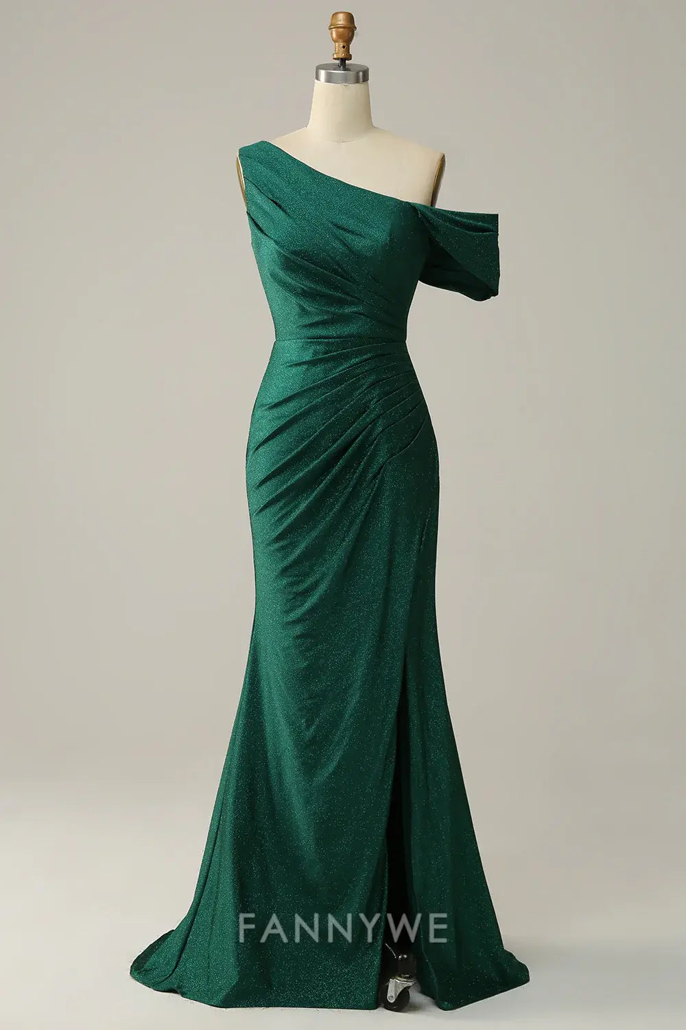 FannyWe Elegant Dark Green One Shoulder Mermaid Satin Prom Dress with Slit formal wear dresses