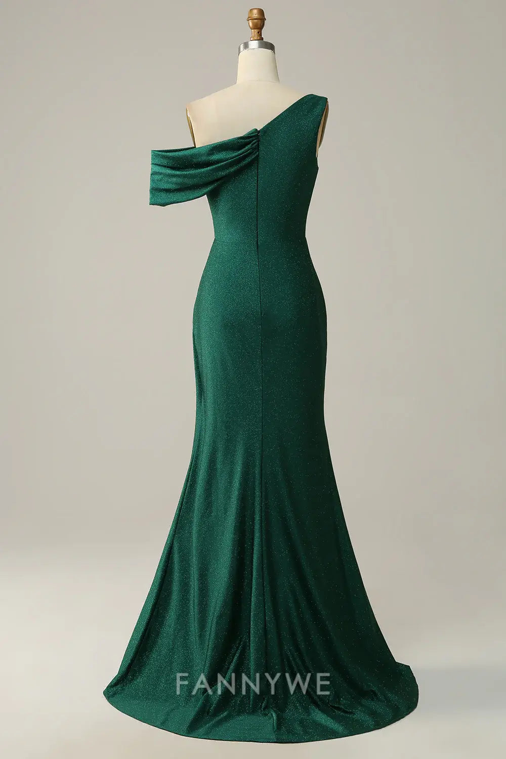 FannyWe Elegant Dark Green One Shoulder Mermaid Satin Prom Dress with Slit formal wear dresses