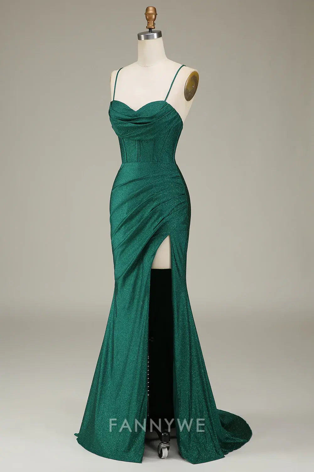 FannyWe Elegant Dark Green Spaghetti Straps Mermaid Prom Dress with slit formal wear dresses