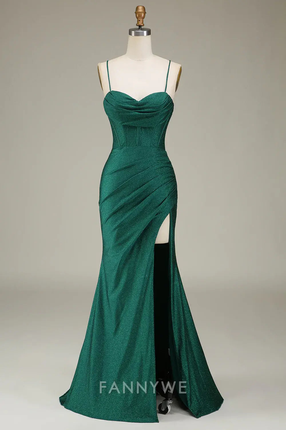 FannyWe Elegant Dark Green Spaghetti Straps Mermaid Prom Dress with slit formal wear dresses