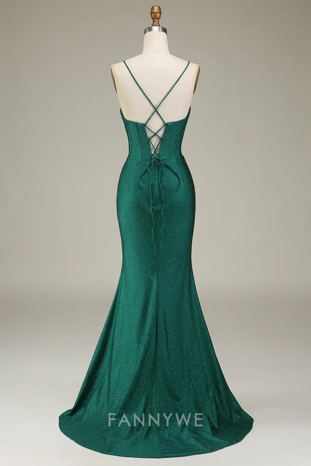 FannyWe Elegant Dark Green Spaghetti Straps Mermaid Prom Dress with slit formal wear dresses