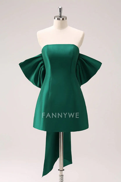 FannyWe Elegant Dark Green Strapless A Line Short Homecoming Dress with Bow formal wear dresses